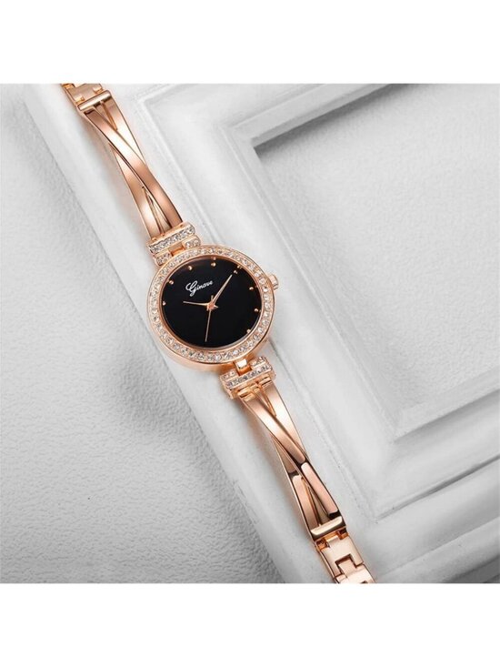 Women\'s Rose Gold Black Analog Quartz Bangle Jewelry 4 Bracelets Set Wrist Watch main image 4